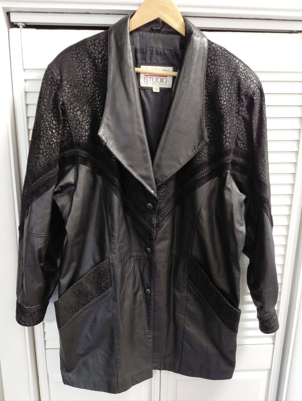 Vintage Black Leather Pelle Studio, For Wilson's, MixTexture Mid Length Jacket